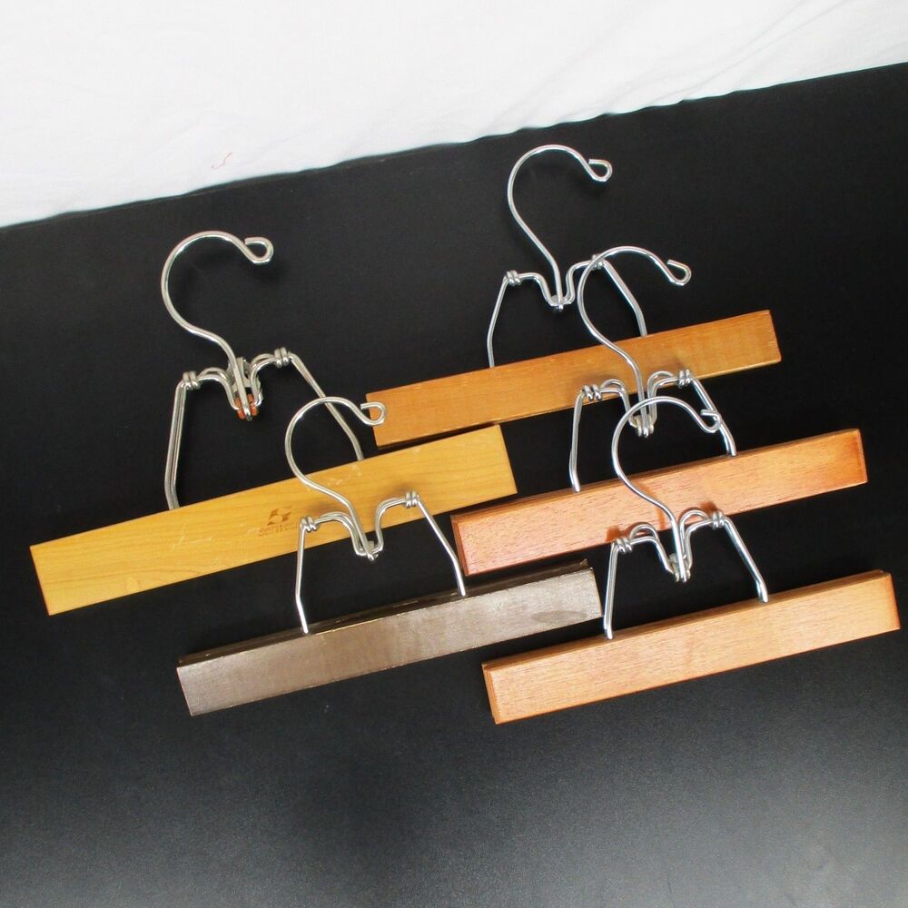 Vintage Lot Of 5 Wooden Clamp Clothes Hangers Pants Skirts 10" Setwell & 9"
